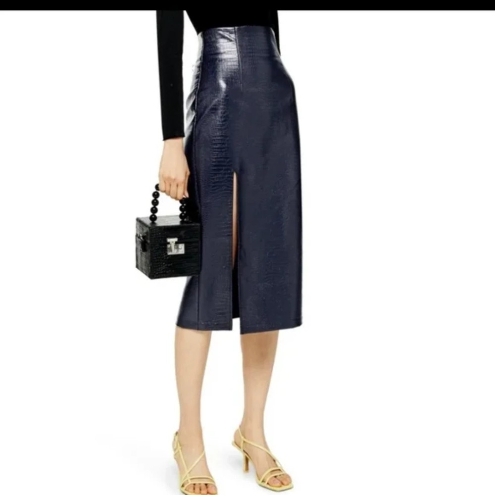 Topshop Dark Blue Faux Leather Croc Pencil Skirt Size 6